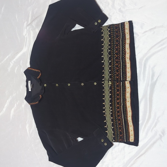 Embroidered Boho Black Corduroy Button Front Lightweight Fall Jacket Shacket - Picture 1 of 10